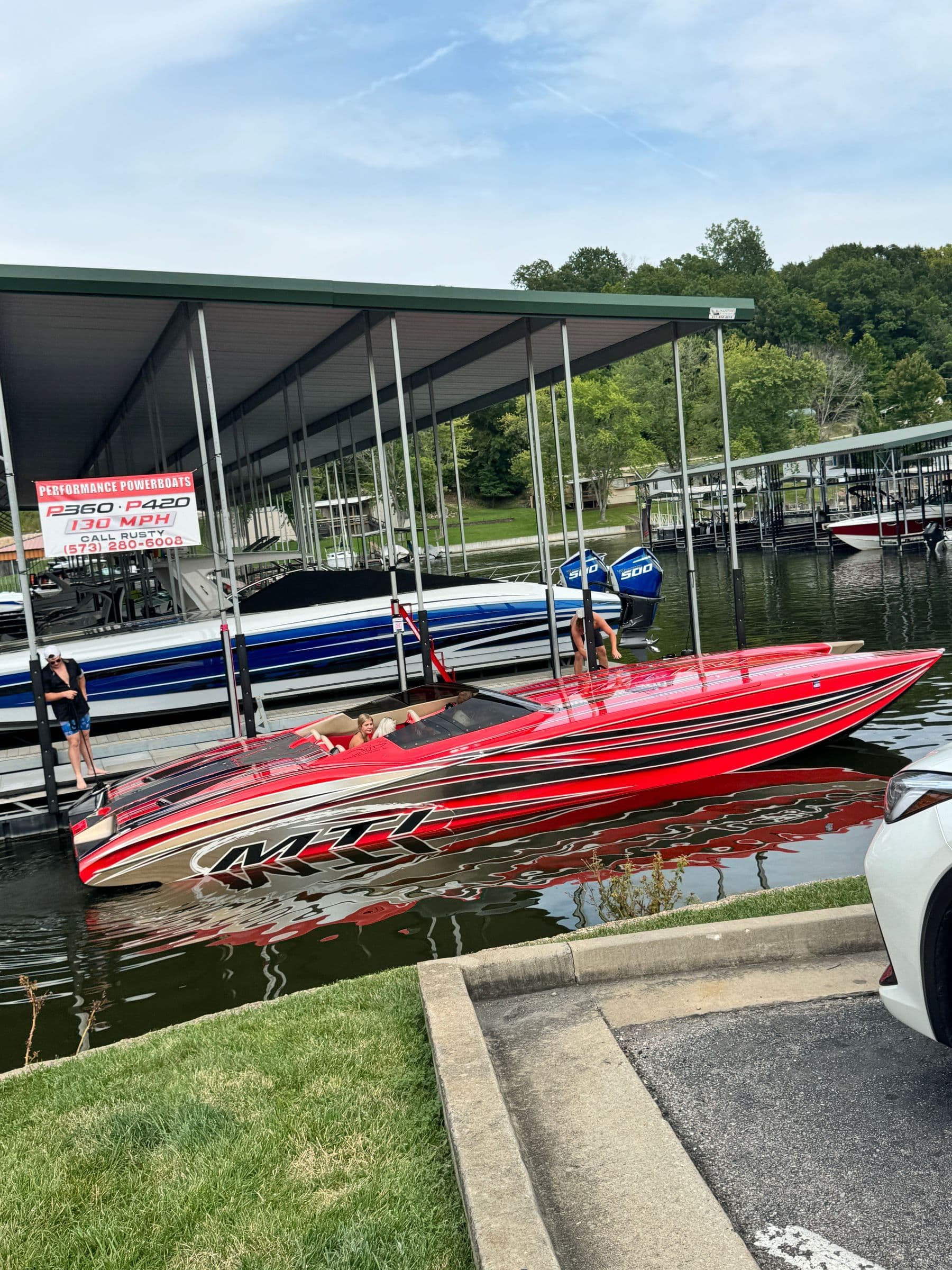 Red racing boat at the Lake of the Ozarks 
