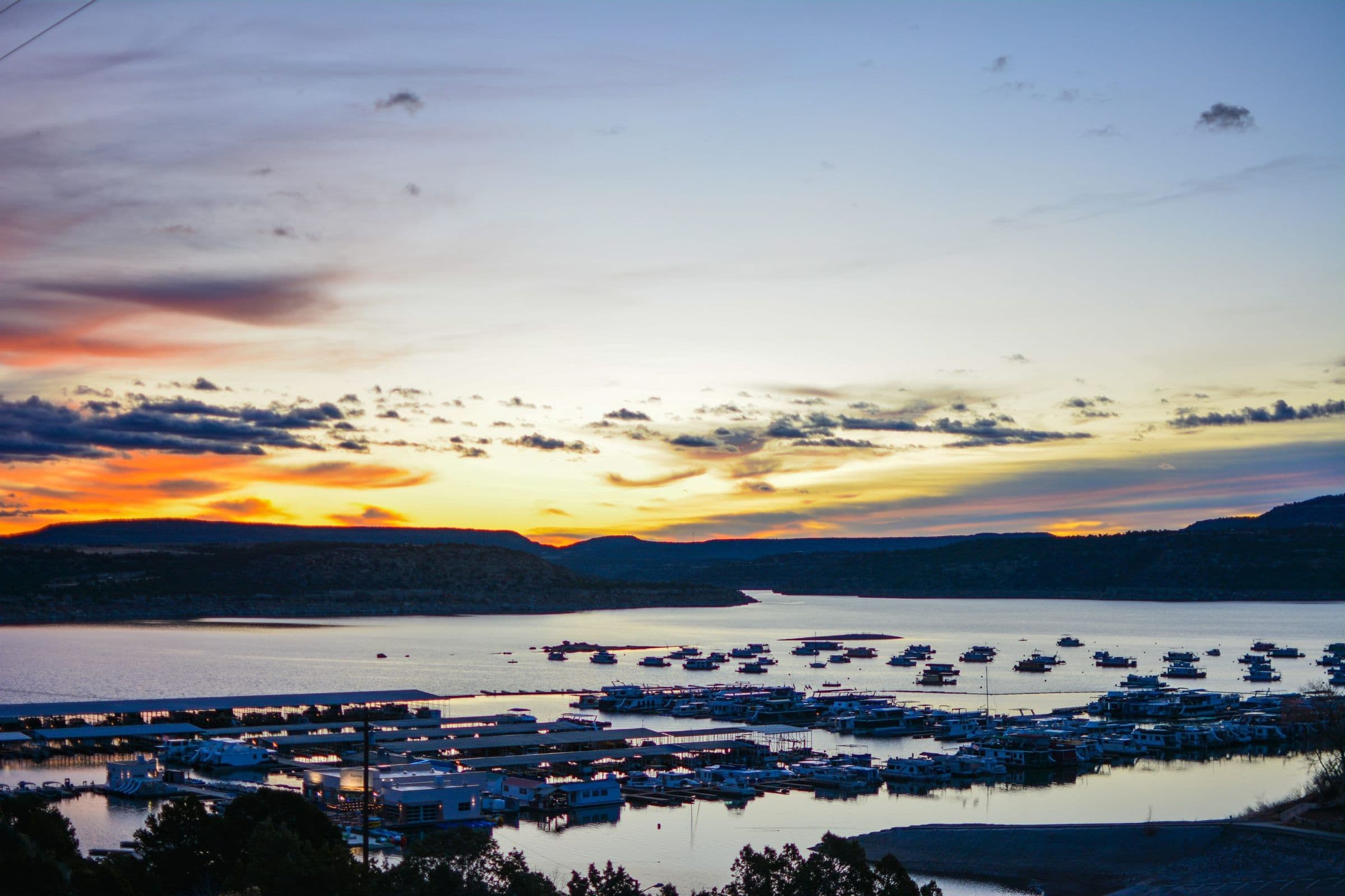 Sunset on Navajo Lake with aerial views of the Marina and boats