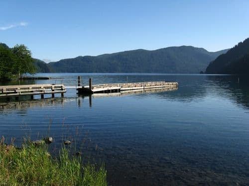 Dock on Lake Crescent with Mountains in the background
