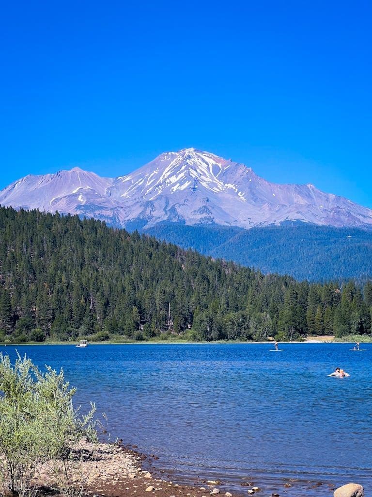 Breathtaking view of Mount Shasta over Lake Siskiyou in sunny California.