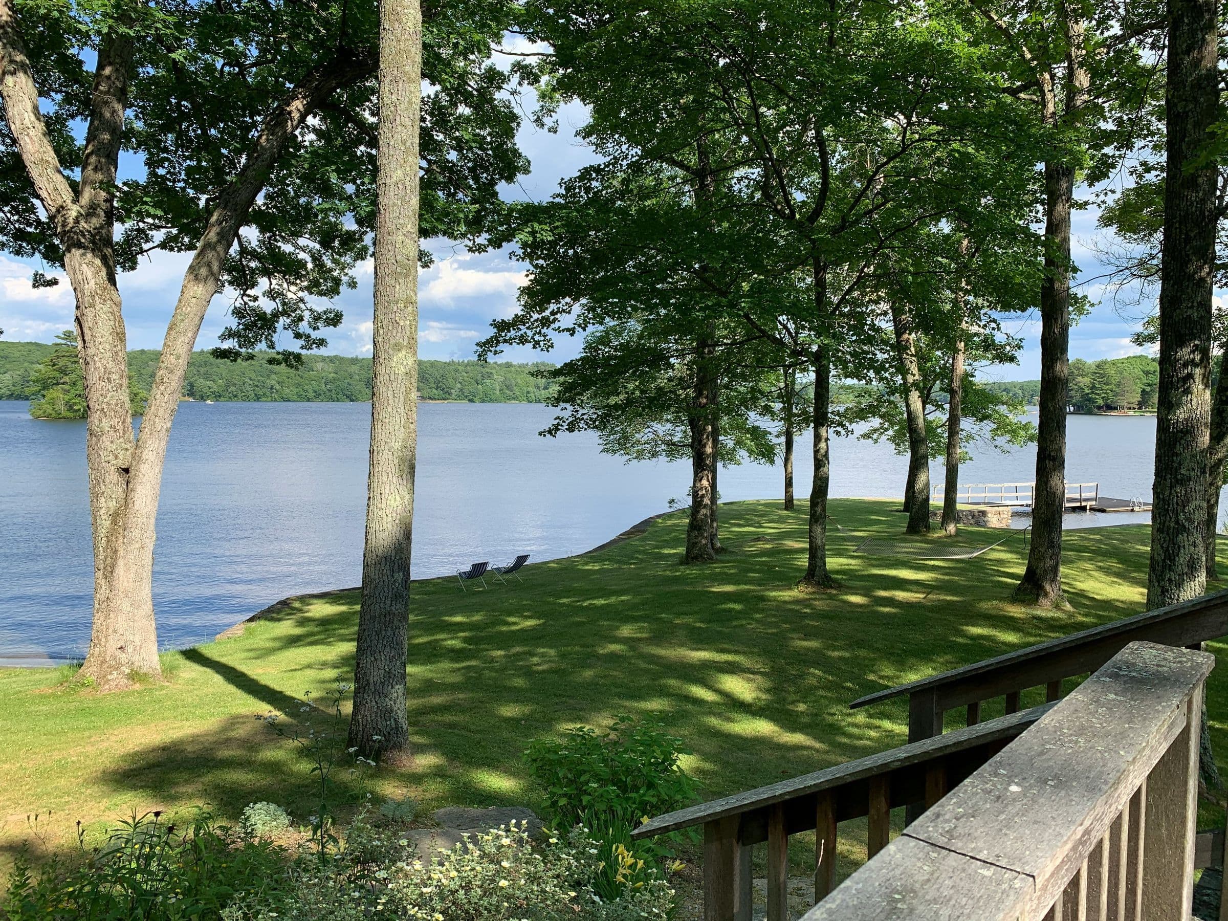 Lake View from the shoreline with a dock in the distance