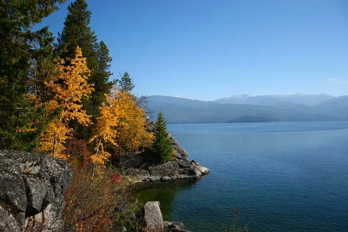 Priest Lake in the Fall with trees changing colors