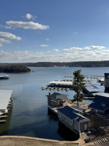 Lake of the Ozarks view of docks and the water from a balcony room at Margaritaville Resort