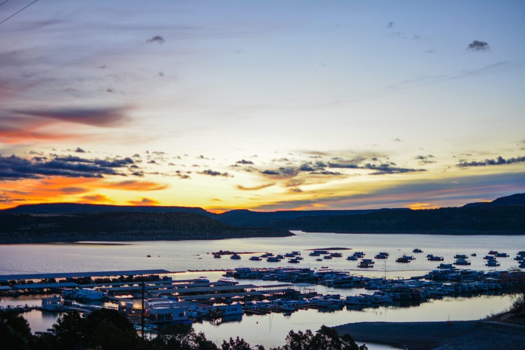 Sunset on Navajo Lake with aerial views of the Marina and boats