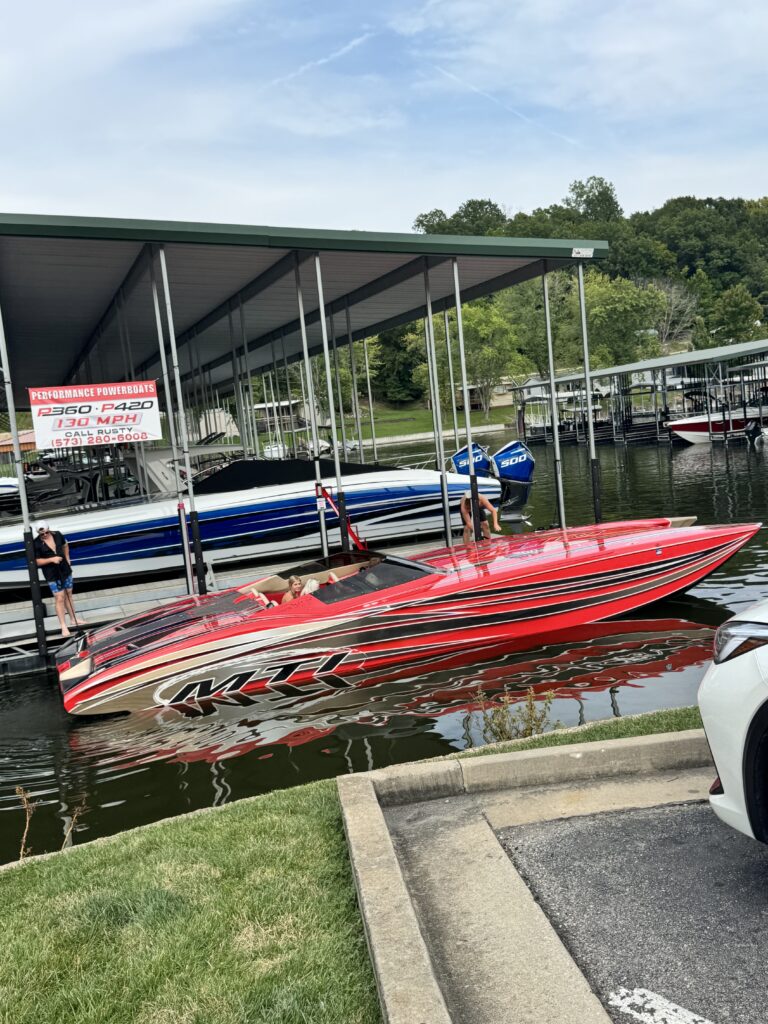 Red racing boat at the Lake of the Ozarks