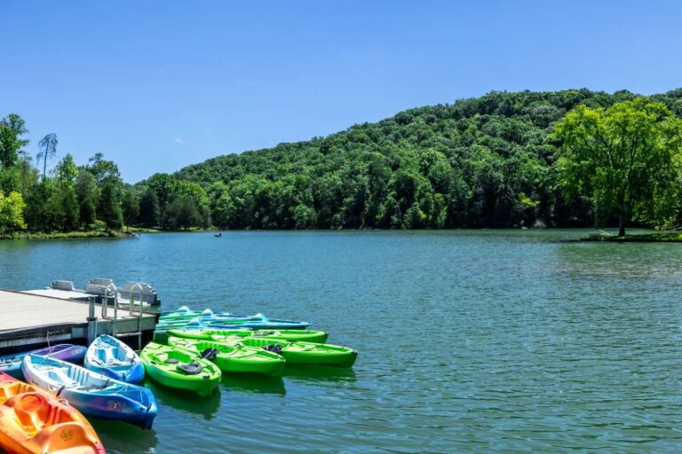 Kayaks along a dock at Norris Lake